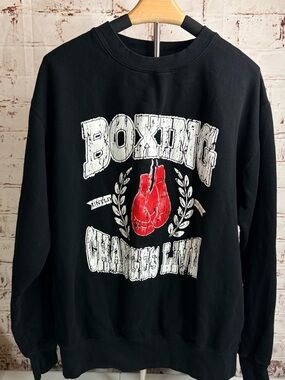 Black Crewneck Sweatshirt with Red Boxing Glove Graphic